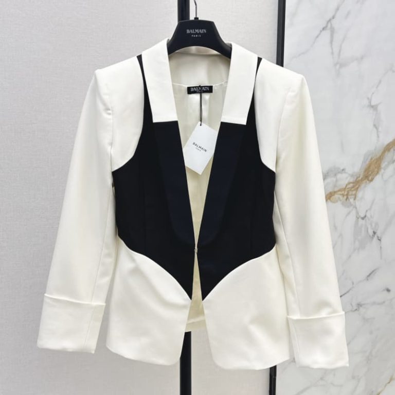 BALMAIN black and white patchwork waisted jacket-1