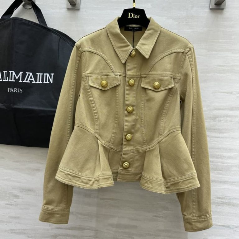 BALMAIN khaki color waisted denim jacket-1