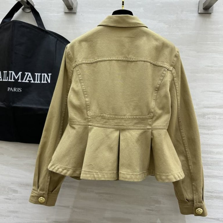 BALMAIN khaki color waisted denim jacket-2