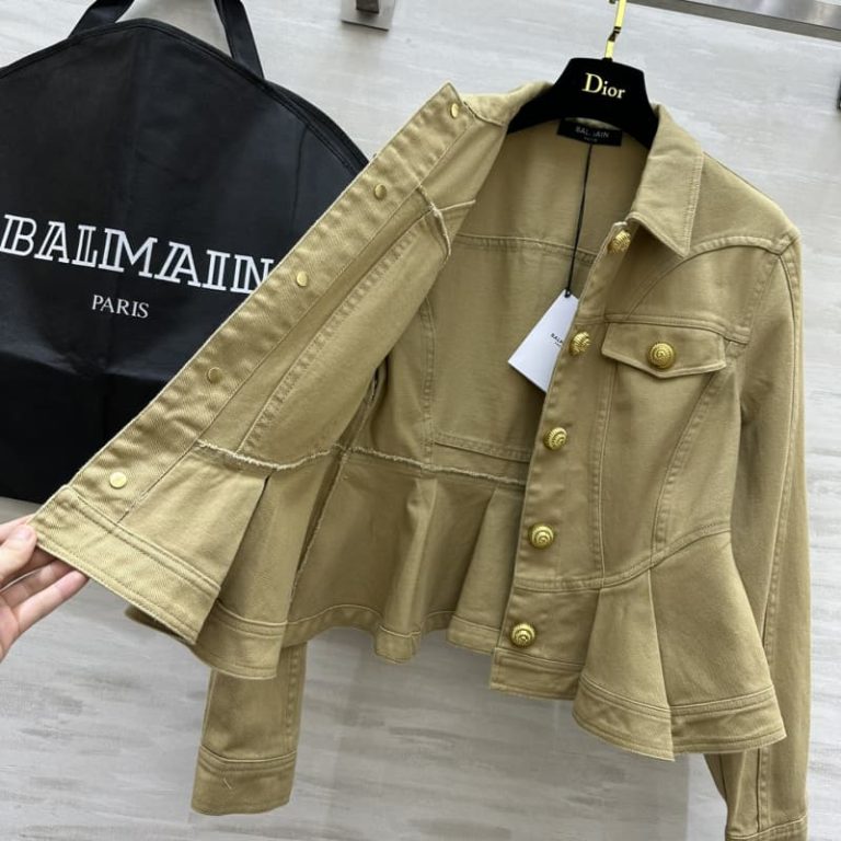 BALMAIN khaki color waisted denim jacket-3