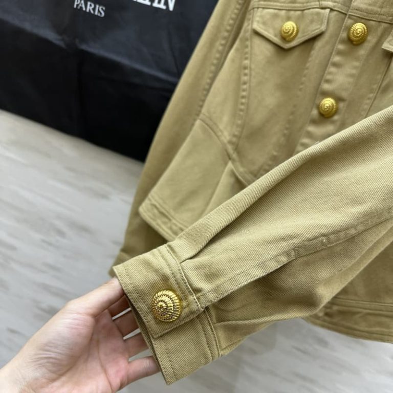 BALMAIN khaki color waisted denim jacket-4