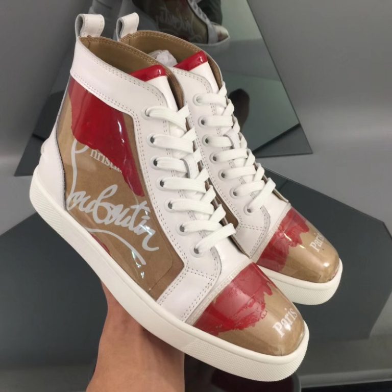 Christian Louboutin Top quality Red and khaki contrast letter printed patent leather flat sneakers