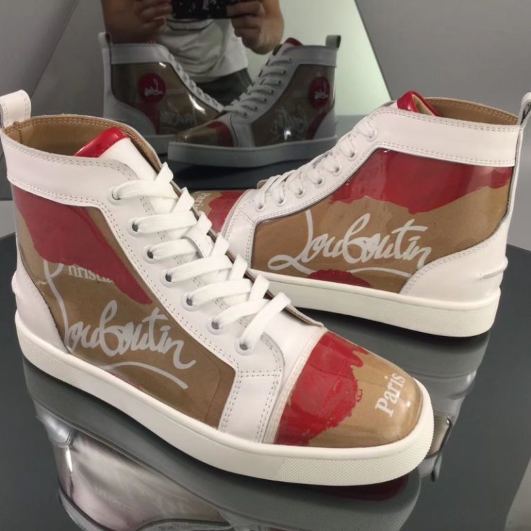 Christian Louboutin Top quality Red and khaki contrast letter printed patent leather flat sneakers1