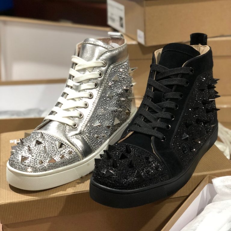 Christian Louboutin Top quality silver black Sparkling Diamond Spikes flat sneaker2