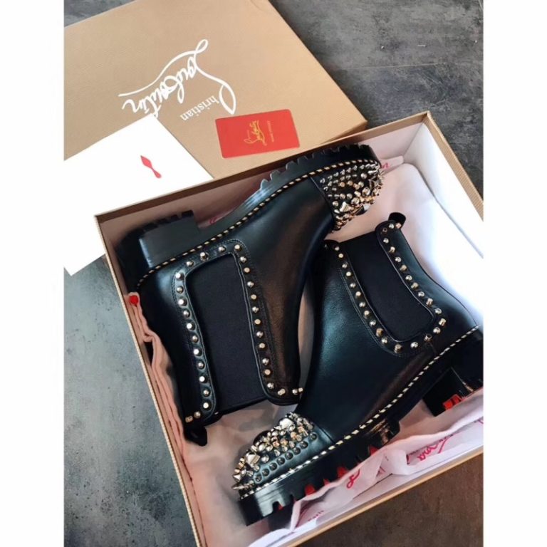 Christian Louboutin top quality Black leather sparkling diamond spikes boots