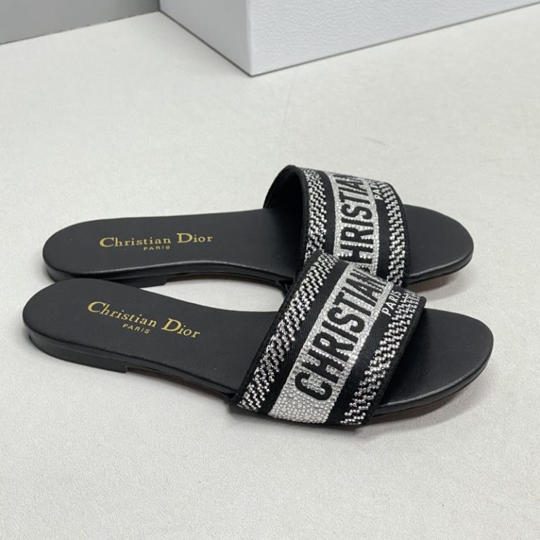 Dior High Quality Dway Black Embroidered Cotton Sandals Black Silver Diamond Gold Butterfly Flat 35-43 SH017 (7)