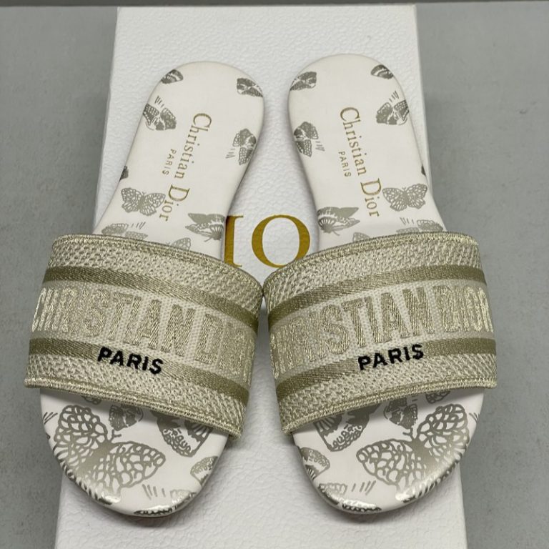 Dior High Quality Dway Black Embroidered Cotton Sandals Black Silver Diamond Gold Butterfly Flat 35-43 SH017 (8)