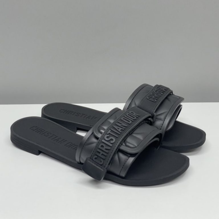 Dior High Quality Dway Pure Black Buckle Letter Velcro Ribbed Flat Slippers 35-43 SH018 (3)