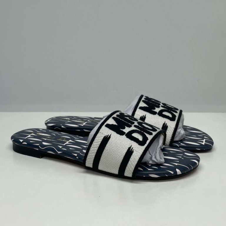 Dior High Quality Dway cotton slides with embroidered dark blue Miss Dior Allover pattern Flat Slippers 35-43 SH019 (3)