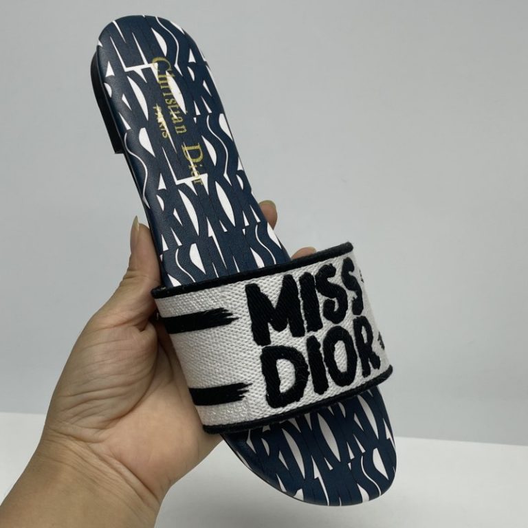 Dior High Quality Dway cotton slides with embroidered dark blue Miss Dior Allover pattern Flat Slippers 35-43 SH019 (4)