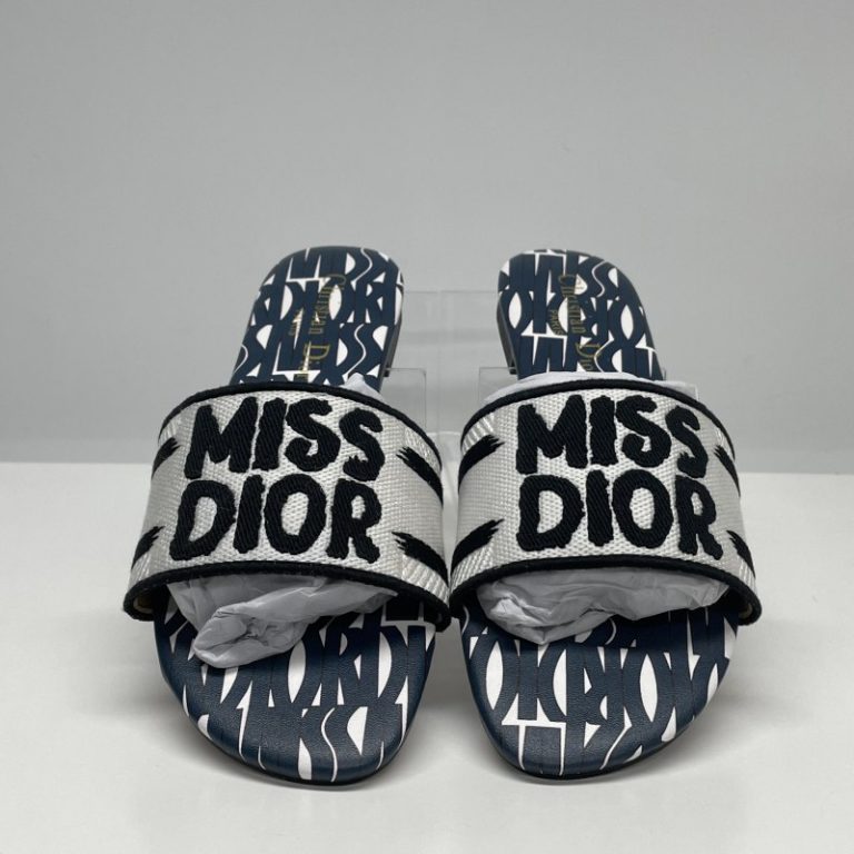 Dior High Quality Dway cotton slides with embroidered dark blue Miss Dior Allover pattern Flat Slippers 35-43 SH019