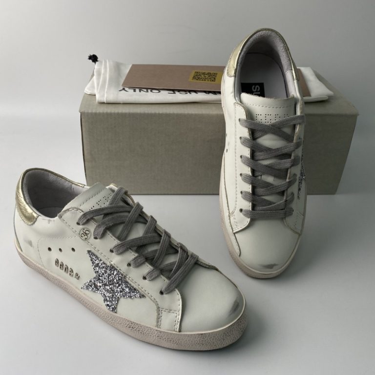 Golden Goose Women’s men’s Super-Star with gray star and dark gray glitter heel tab-1