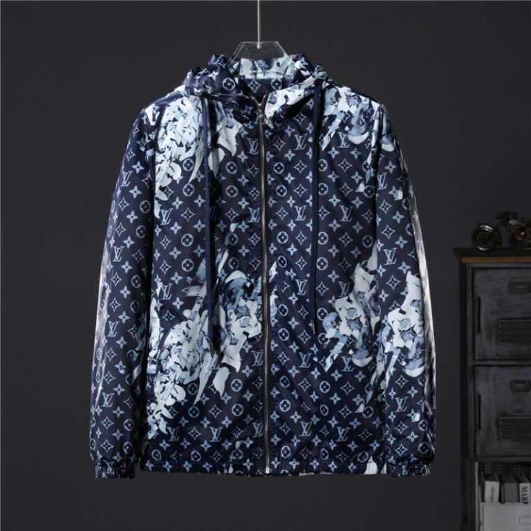 LV high quality men Blue ink monogram printed zipper hooded jackets