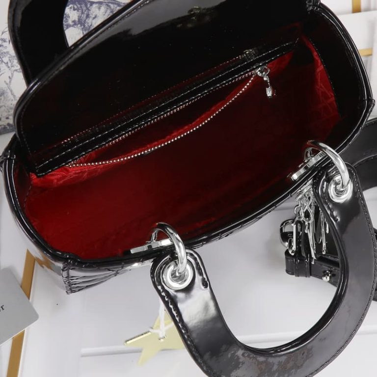 Dior High Quality Women Handbag Wallet Shoulder Bag Patent Leather Metal Logo Pendant Red Black-6