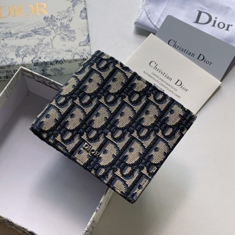 Dior high quality women wallet men short wallet with dark blue head layer cowhide leather-1