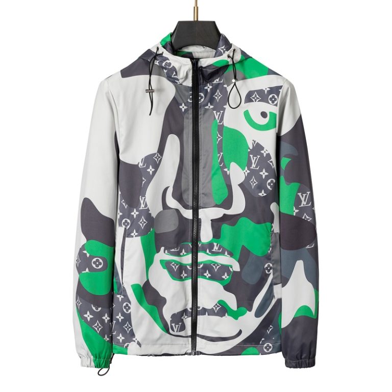 Louis Vuitton LV Best Quality Men Green grey printed hood zipper Jacket FZ273 (4)