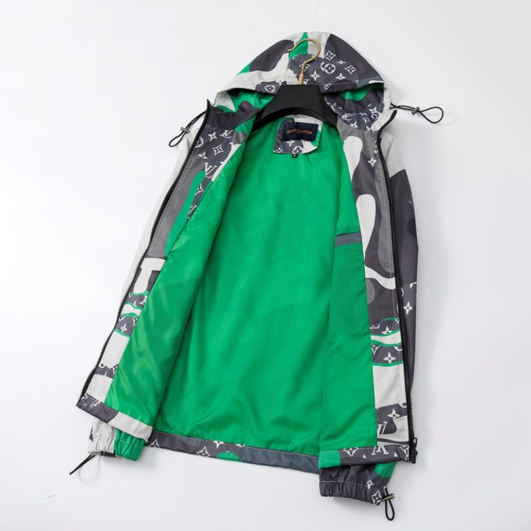 Louis Vuitton LV Best Quality Men Green grey printed hood zipper Jacket FZ273 (6)