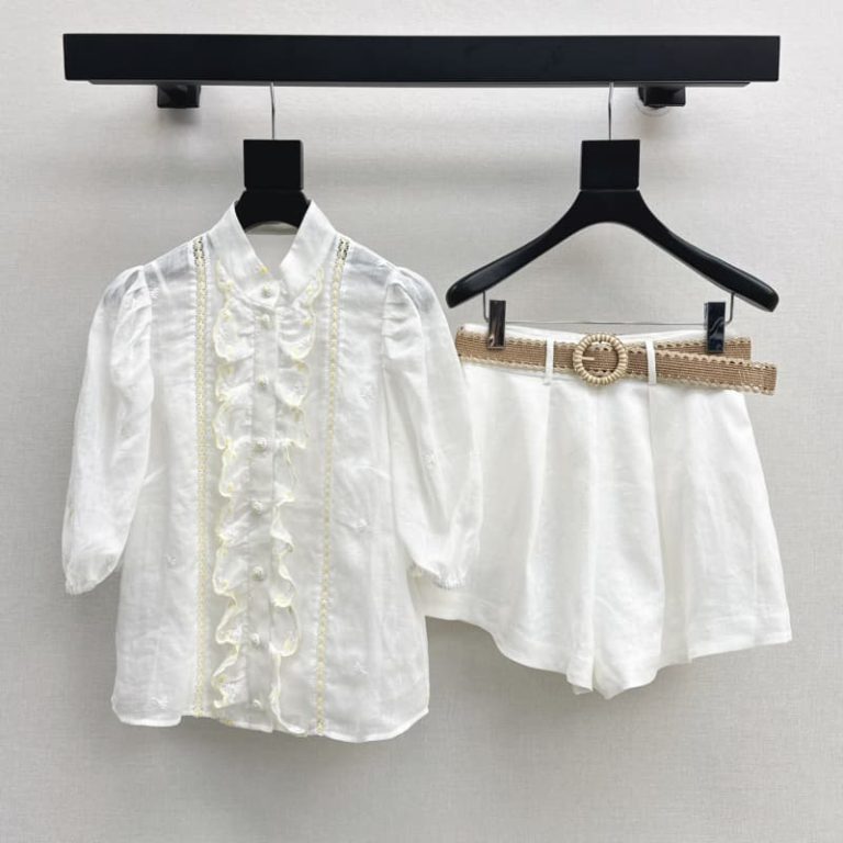 ZIMMERMANN BEST QUALITY Latest linen suit Bubble sleeve collar shirt + high-waisted shorts -1