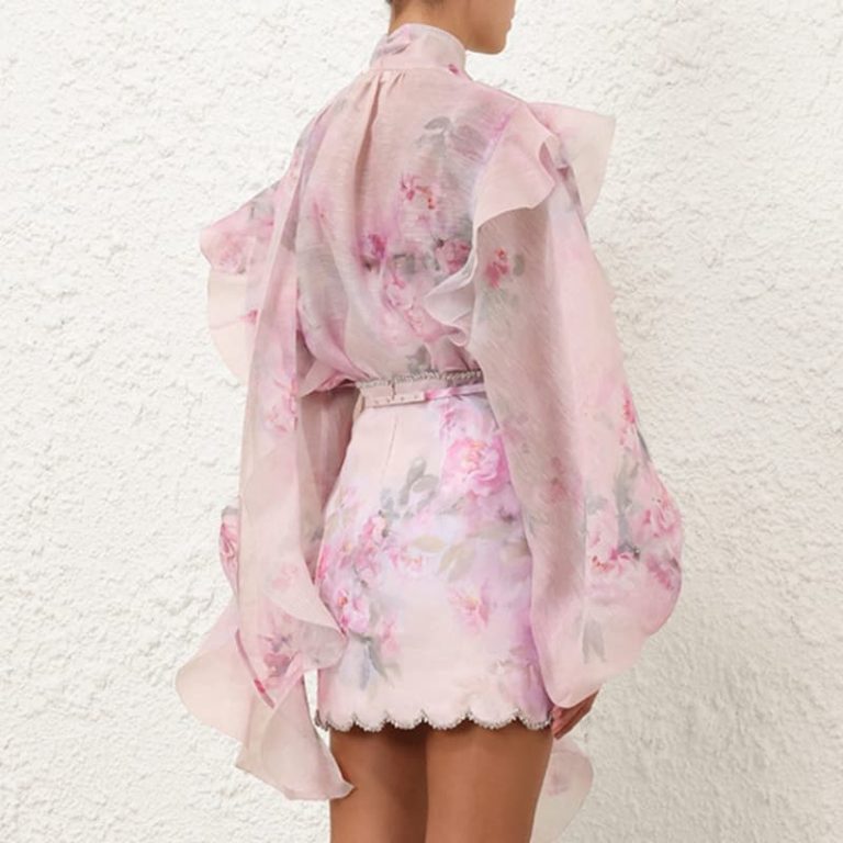 Zimmermann High Quality Pink Crush Bow Tie Ruffle Shirt Blouse55%LINEN 45%SILK Skirt 100% LINEN-12