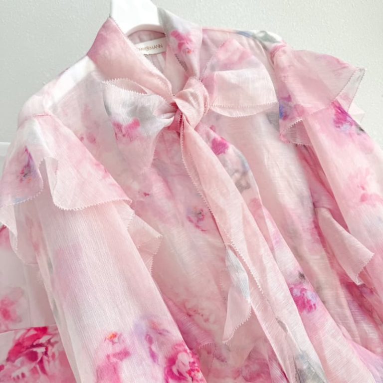 Zimmermann High Quality Pink Crush Bow Tie Ruffle Shirt Blouse55%LINEN 45%SILK Skirt 100% LINEN-3