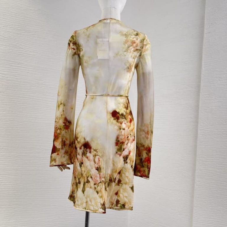 Zimmermann High Quality beige flowers print long sleeve mini dress 100%Silk-2