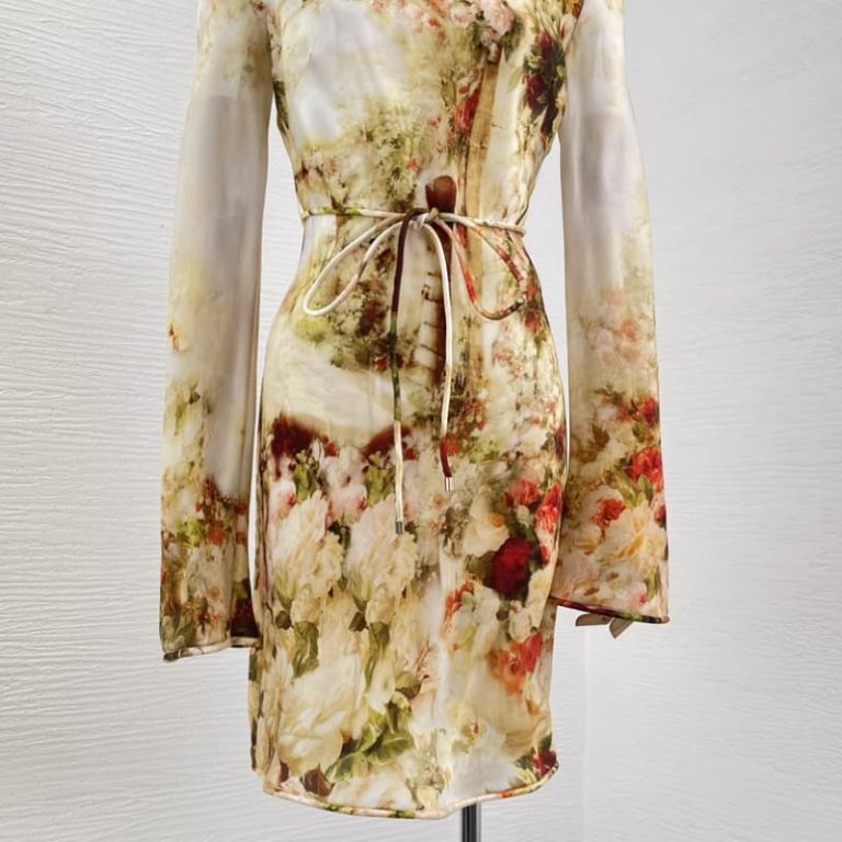 Zimmermann High Quality beige flowers print long sleeve mini dress 100%Silk-4