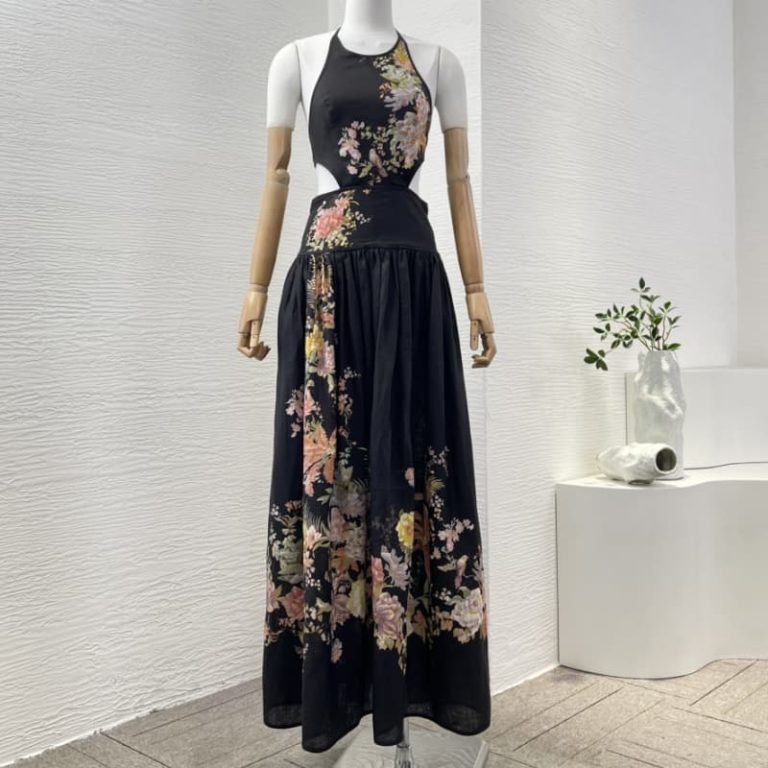 Zimmermann High Quality black floral print sleeveless cut out waist halter pleat backless maxi dress 100%Linen-1