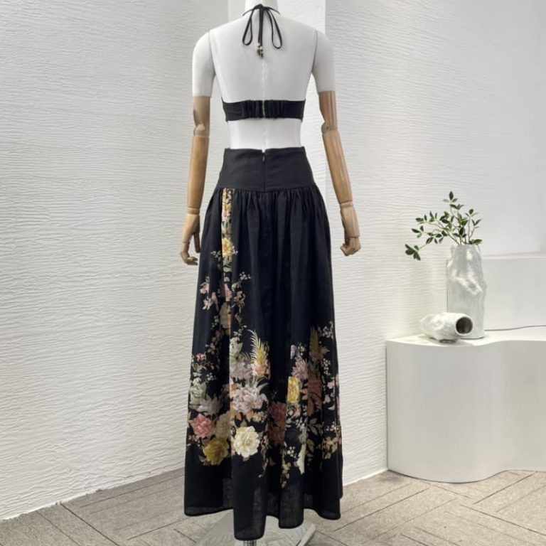 Zimmermann High Quality black floral print sleeveless cut out waist halter pleat backless maxi dress 100%Linen-2