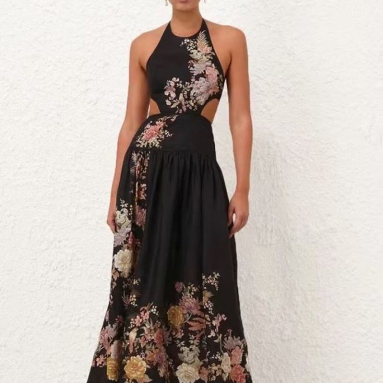 Zimmermann High Quality black floral print sleeveless cut out waist halter pleat backless maxi dress 100%Linen-6