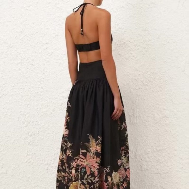 Zimmermann High Quality black floral print sleeveless cut out waist halter pleat backless maxi dress 100%Linen-7