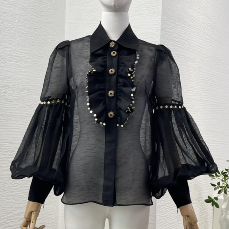 Zimmermann High Quality black long sleeve ruffles sequined see through blouse tops 53%Linen 47%Silk-1