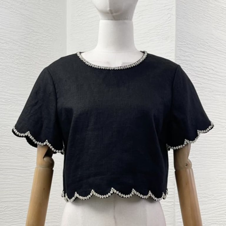 Zimmermann High Quality black shell edge diamonds blouse tops shell edge midi skirt 100%Linen-1