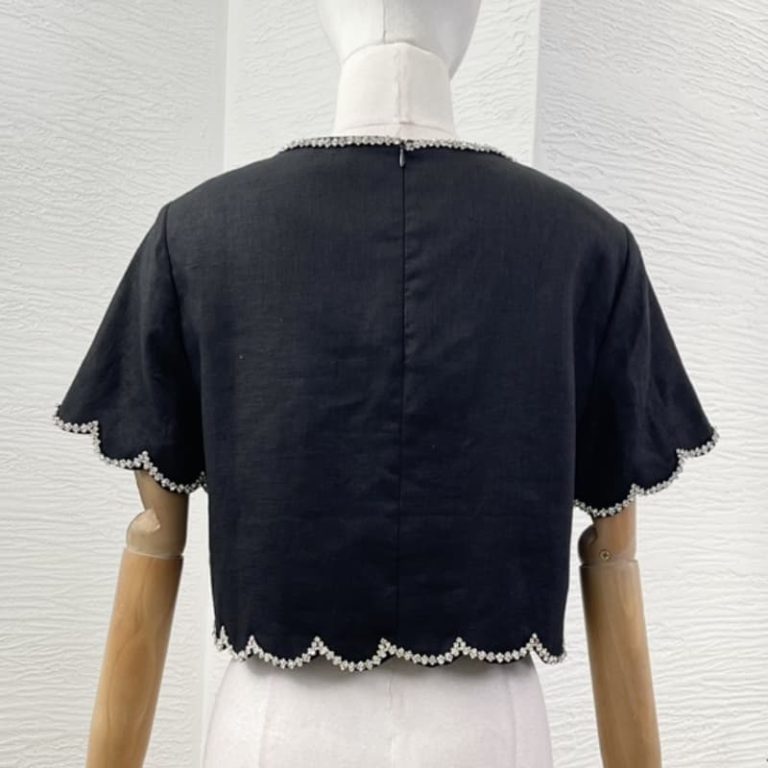 Zimmermann High Quality black shell edge diamonds blouse tops shell edge midi skirt 100%Linen-2