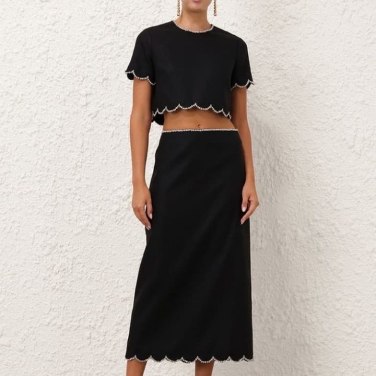 Zimmermann High Quality black shell edge diamonds blouse tops shell edge midi skirt 100%Linen-9