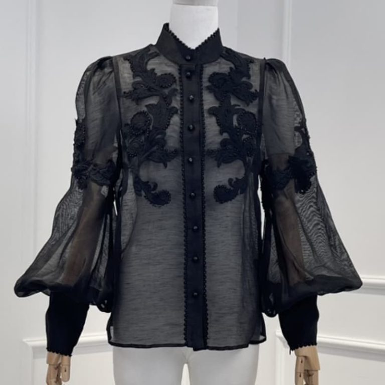 Zimmermann High Quality black white floral long sleeve blouse tops and lin chip lamination mini skirt set 48%silk52%linen-1