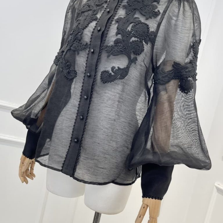 Zimmermann High Quality black white floral long sleeve blouse tops and lin chip lamination mini skirt set 48%silk52%linen-4