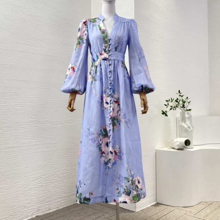 Zimmermann High Quality blue floral print long sleeve deep v neck midi dress 100%Linen-1