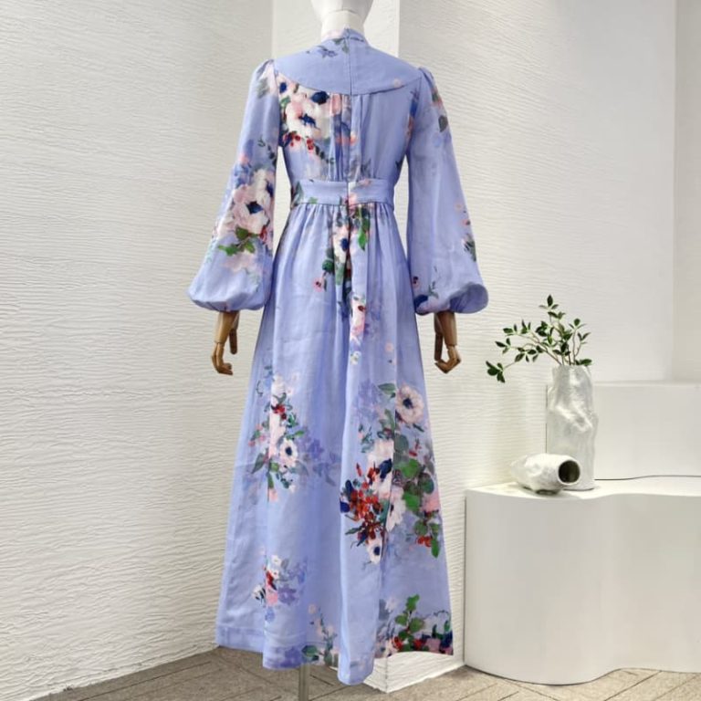 Zimmermann High Quality blue floral print long sleeve deep v neck midi dress 100%Linen-2