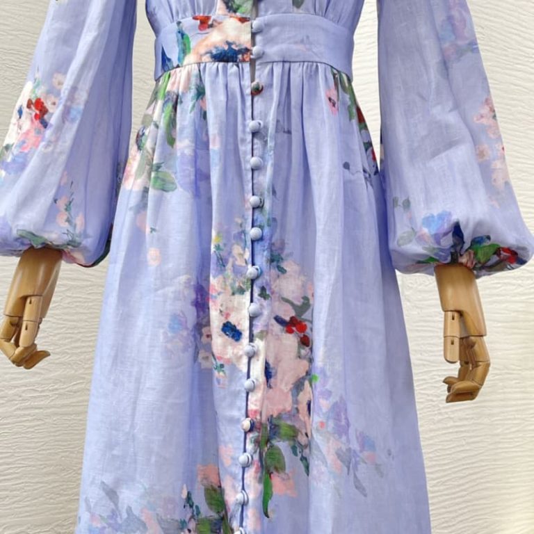 Zimmermann High Quality blue floral print long sleeve deep v neck midi dress 100%Linen-4