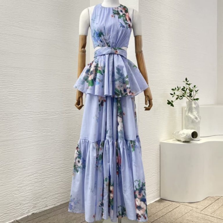 Zimmermann High Quality blue floral print sleeveless cut out back waist pleat midi dress 100%Cotton-1