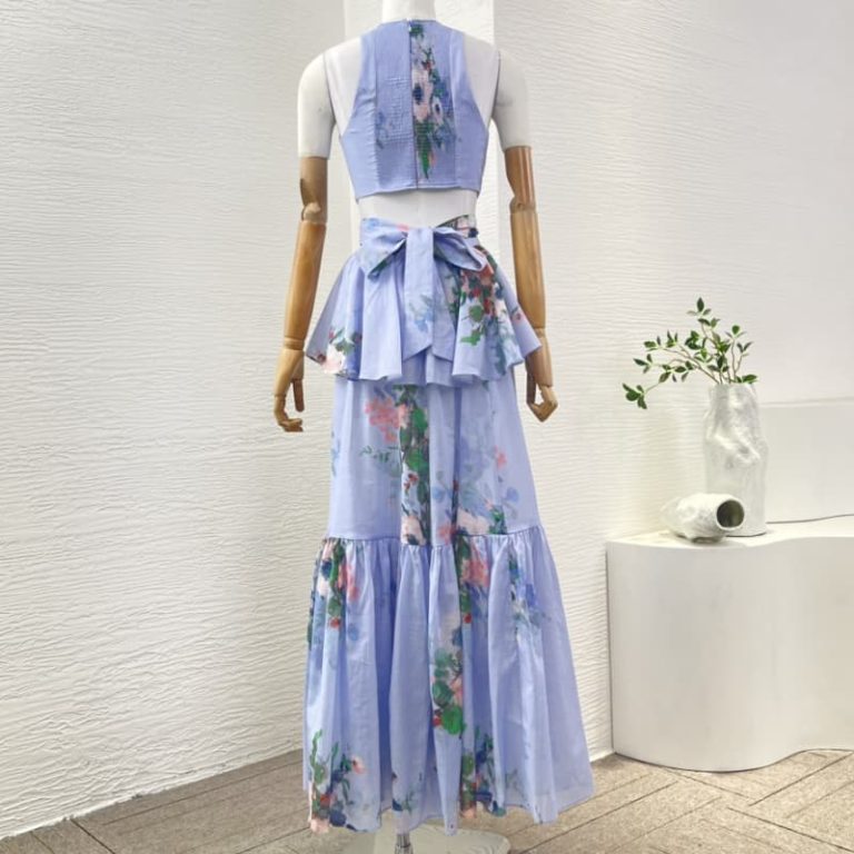 Zimmermann High Quality blue floral print sleeveless cut out back waist pleat midi dress 100%Cotton-2