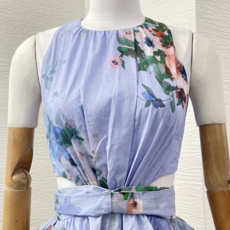 Zimmermann High Quality blue floral print sleeveless cut out back waist pleat midi dress 100%Cotton-3