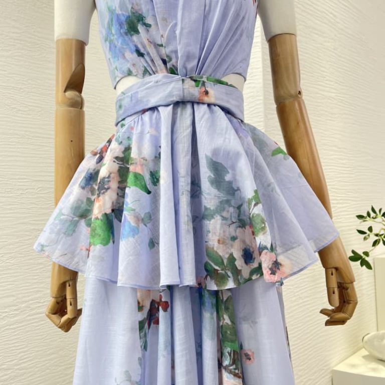 Zimmermann High Quality blue floral print sleeveless cut out back waist pleat midi dress 100%Cotton-4