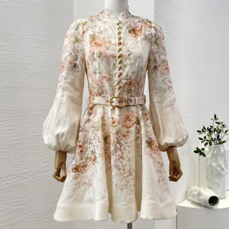 Zimmermann High Quality cream pink rococo flowers print long sleeve mini dress 100%Linen-1