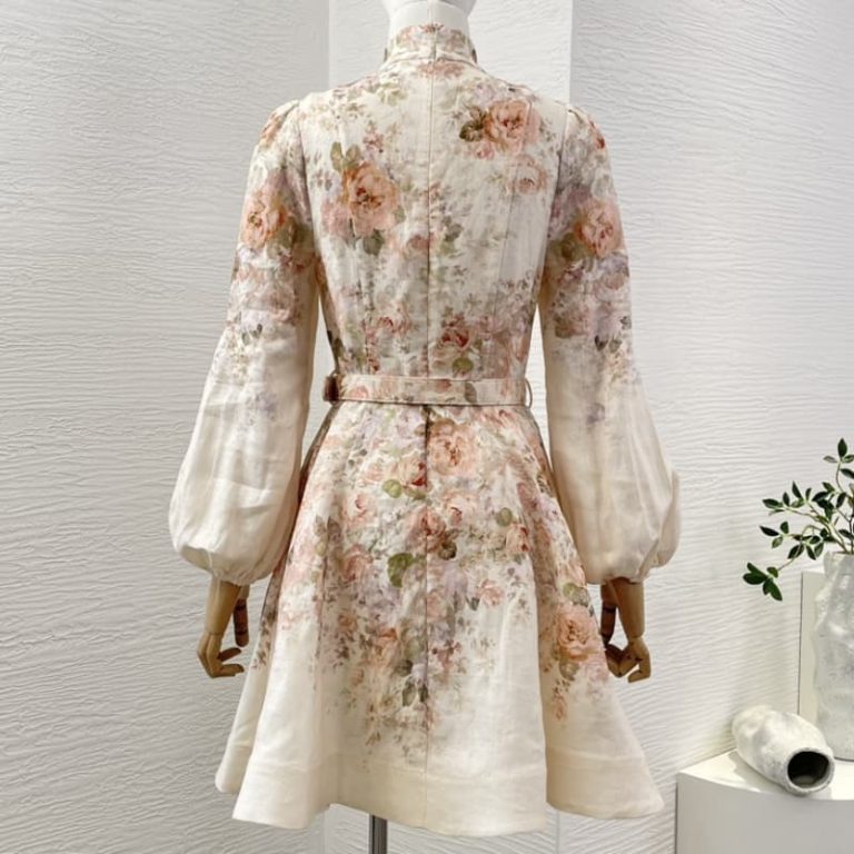 Zimmermann High Quality cream pink rococo flowers print long sleeve mini dress 100%Linen-2