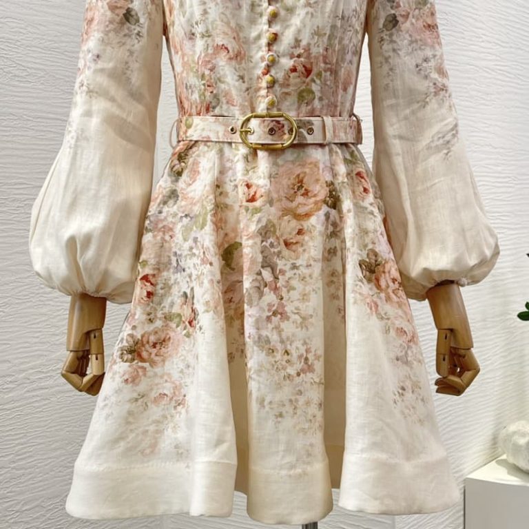 Zimmermann High Quality cream pink rococo flowers print long sleeve mini dress 100%Linen-4