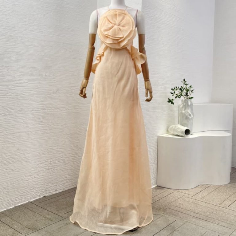 Zimmermann High Quality orange flowers appliqued ruffles backless maxi dress 55%Linen 45%Silk-1