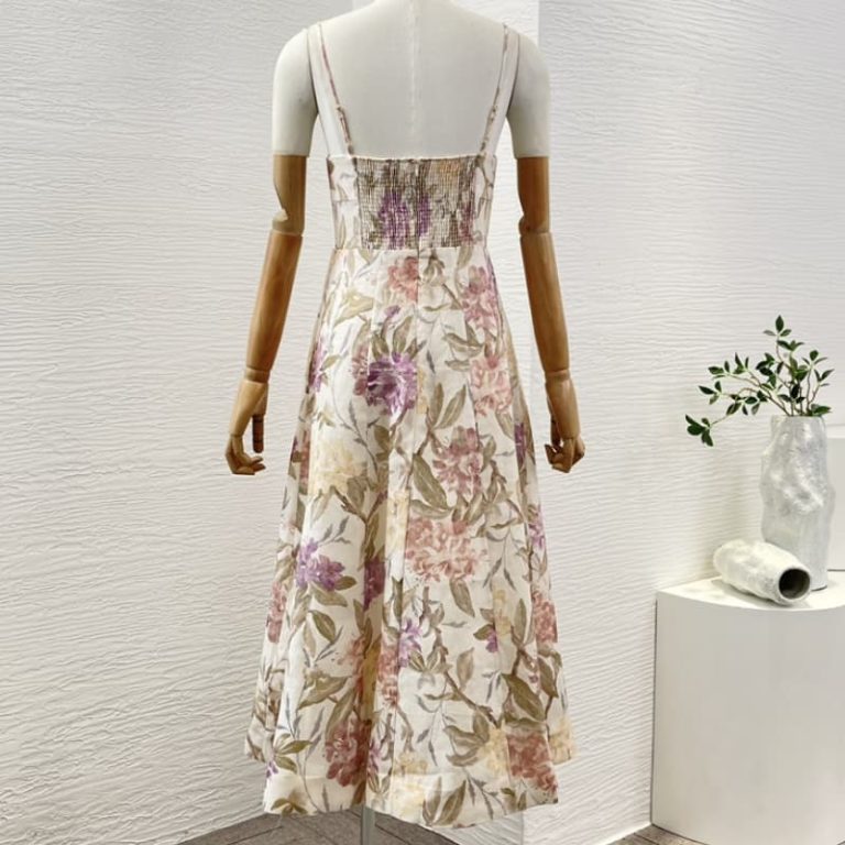 Zimmermann High Quality pink flowers print sleeveless midi dress 100%Linen-2