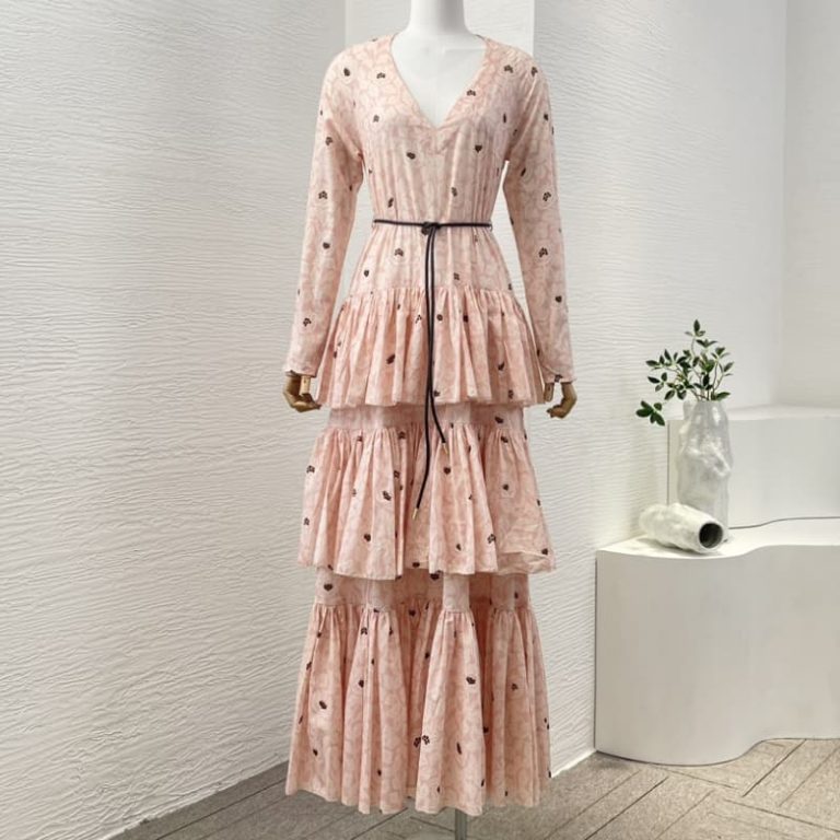 Zimmermann High Quality pink rose flowers print long sleeve v neck cascading pleat midi dress 100%Cotton-1