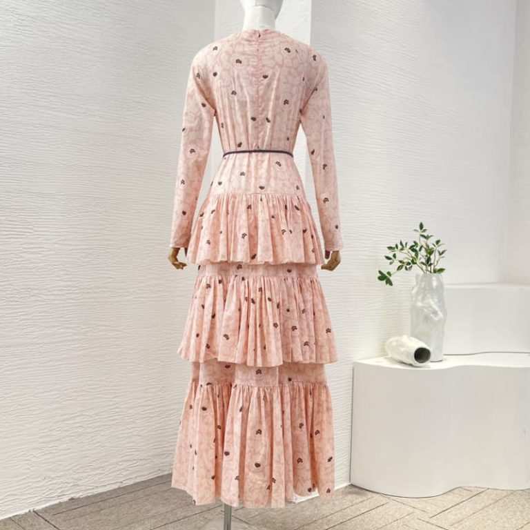 Zimmermann High Quality pink rose flowers print long sleeve v neck cascading pleat midi dress 100%Cotton-2